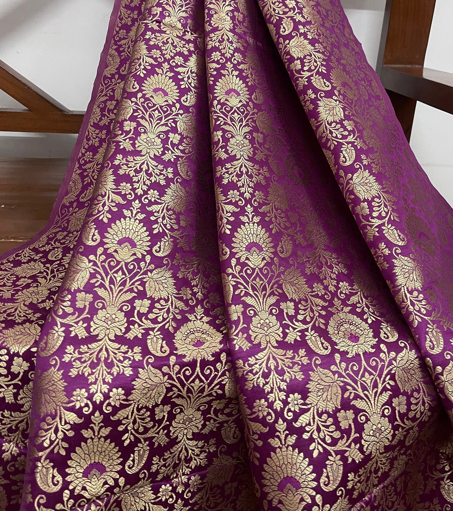 Indian Banarasi Brocade Fabric in Purple Magenta and Gold color, Multiple lengths will come in a continuous piece - NF683