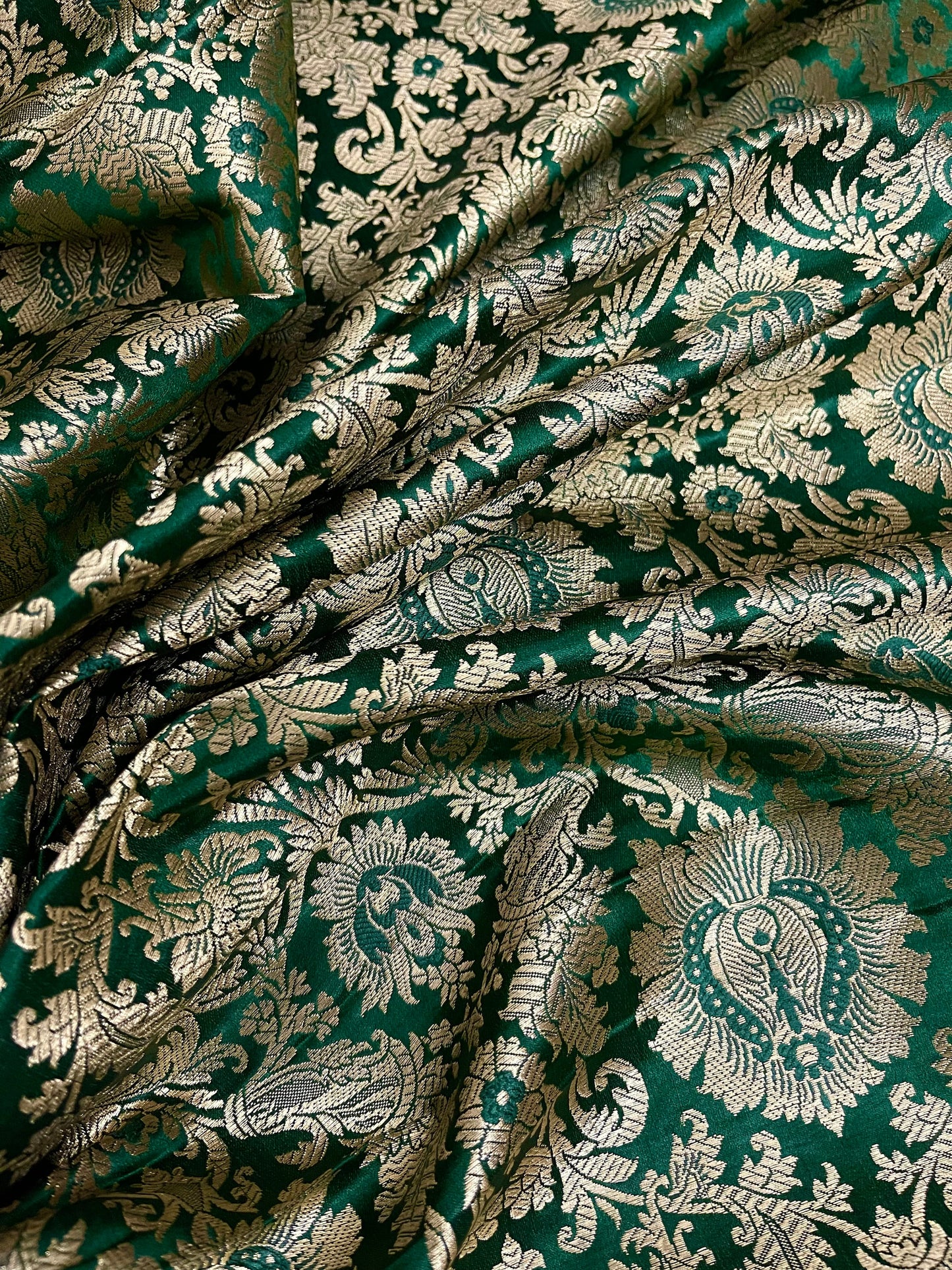 Indian Banarasi Brocade Fabric in Green and Gold color, Multiple lengths will come in the continuous piece - NF355