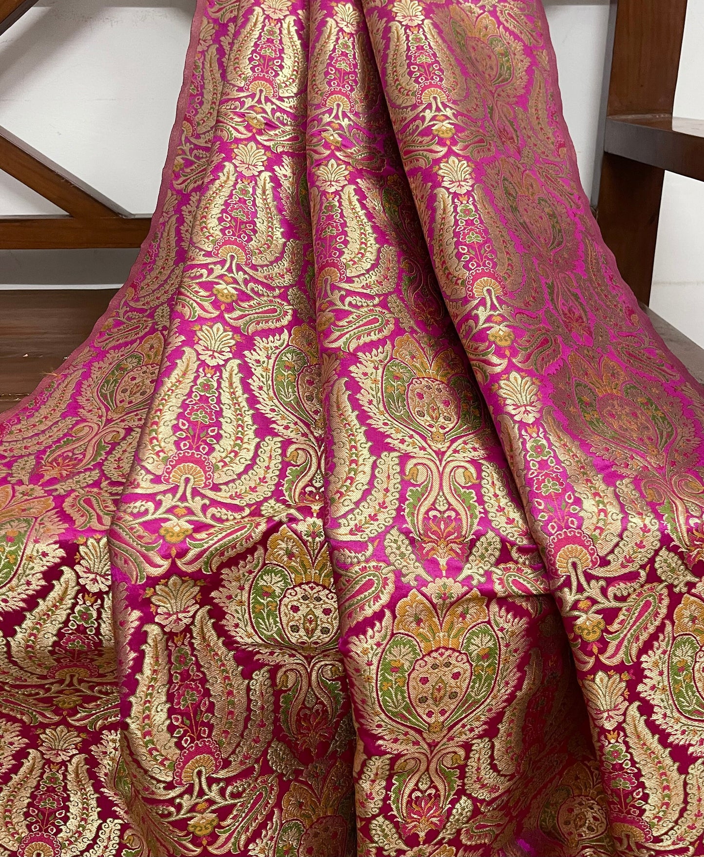 India Banarasi Brocade Fabric in Pink and Gold color, Multiple lengths will come in the continuous piece - NF345