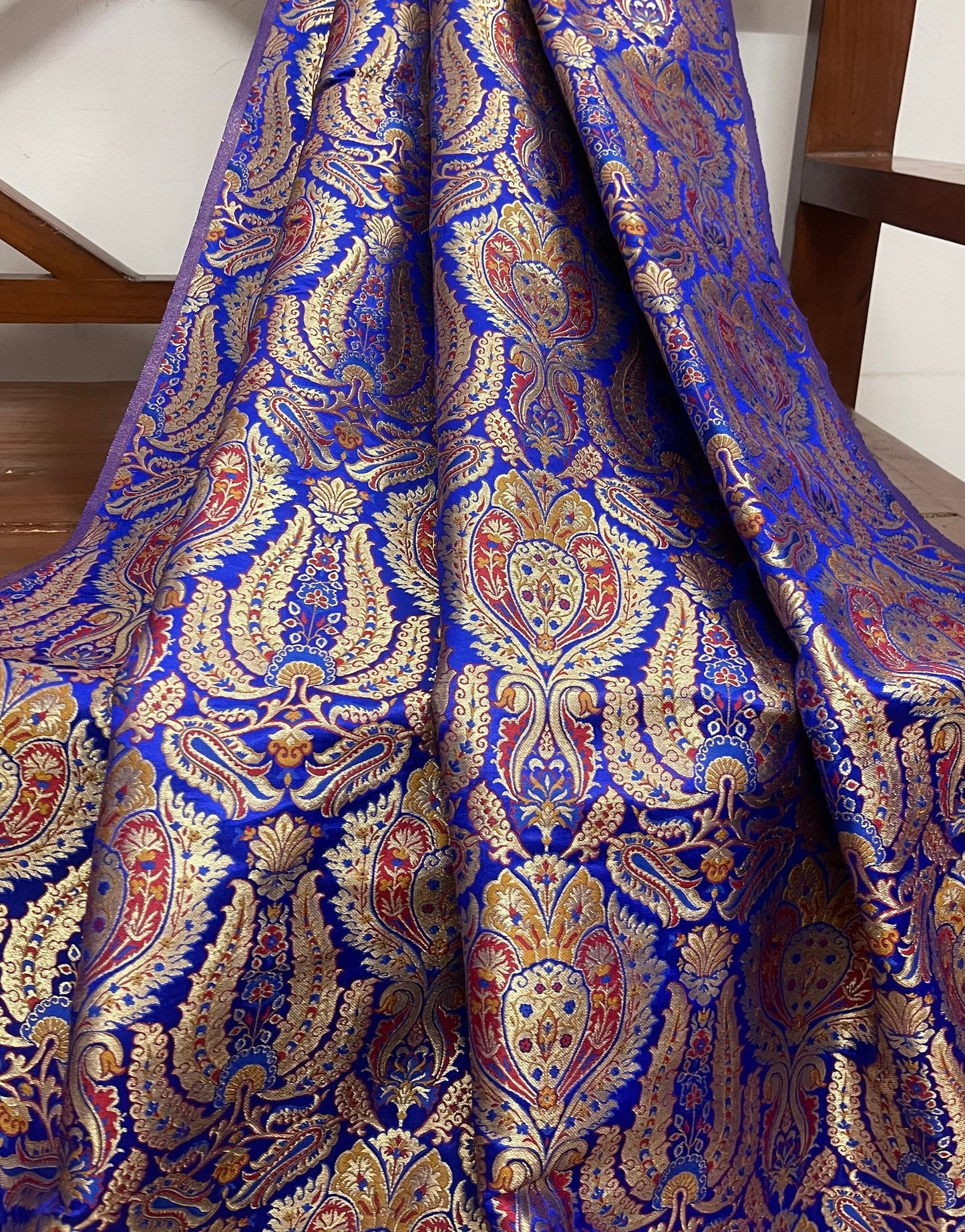 Indian Banarasi Brocade Fabric in Blue and Gold color, Multiple lengths will come in the continuous piece - NF352