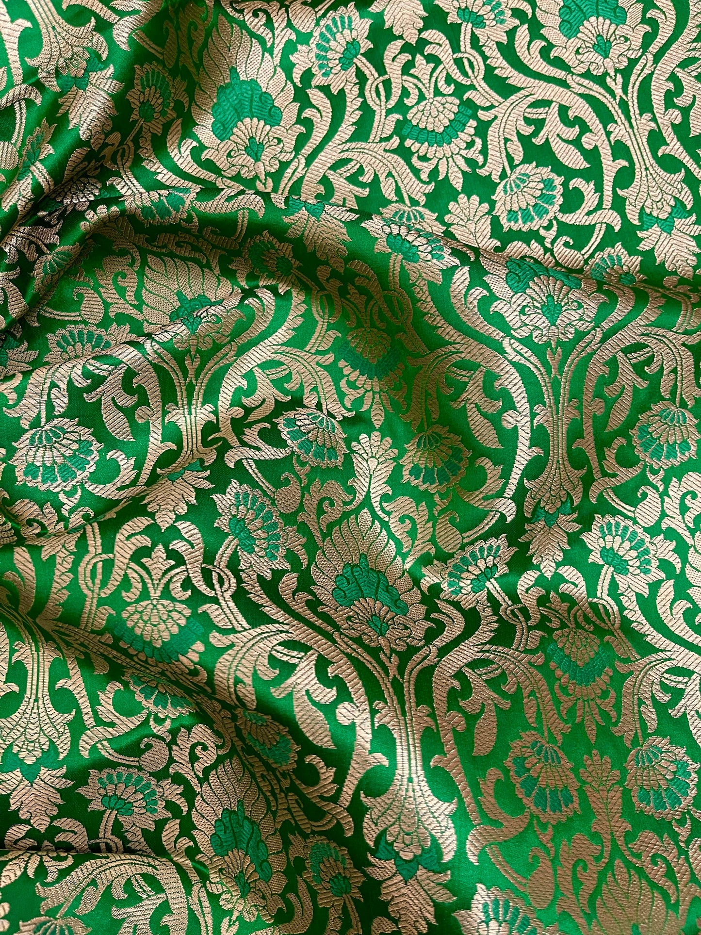 Indian Banarasi Brocade fabric in Green and Gold color,  Multiple lengths will come in a continuous piece - NF321