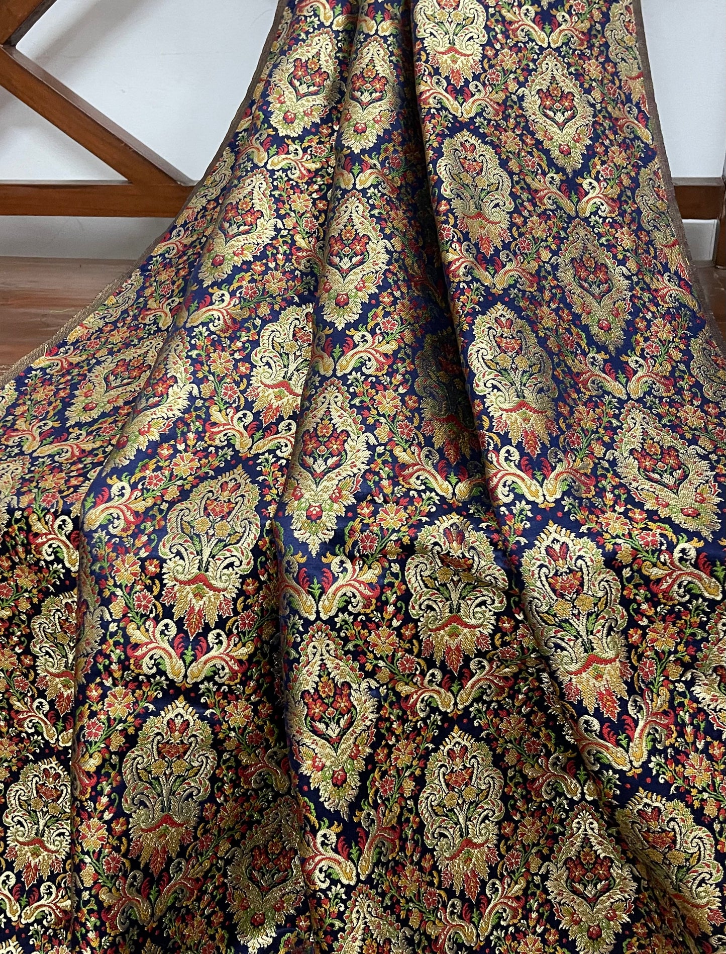 India Banarasi Brocade Fabric in Blue and Gold color, Multiple lengths will come in the continuous piece - NF368