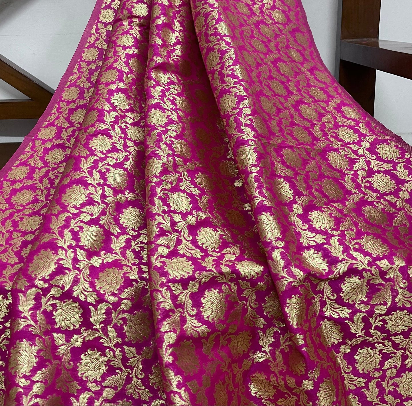 Indian Banarasi Brocade Fabric in Pink and Gold color, Multiple lengths will come in the continuous piece - NF204