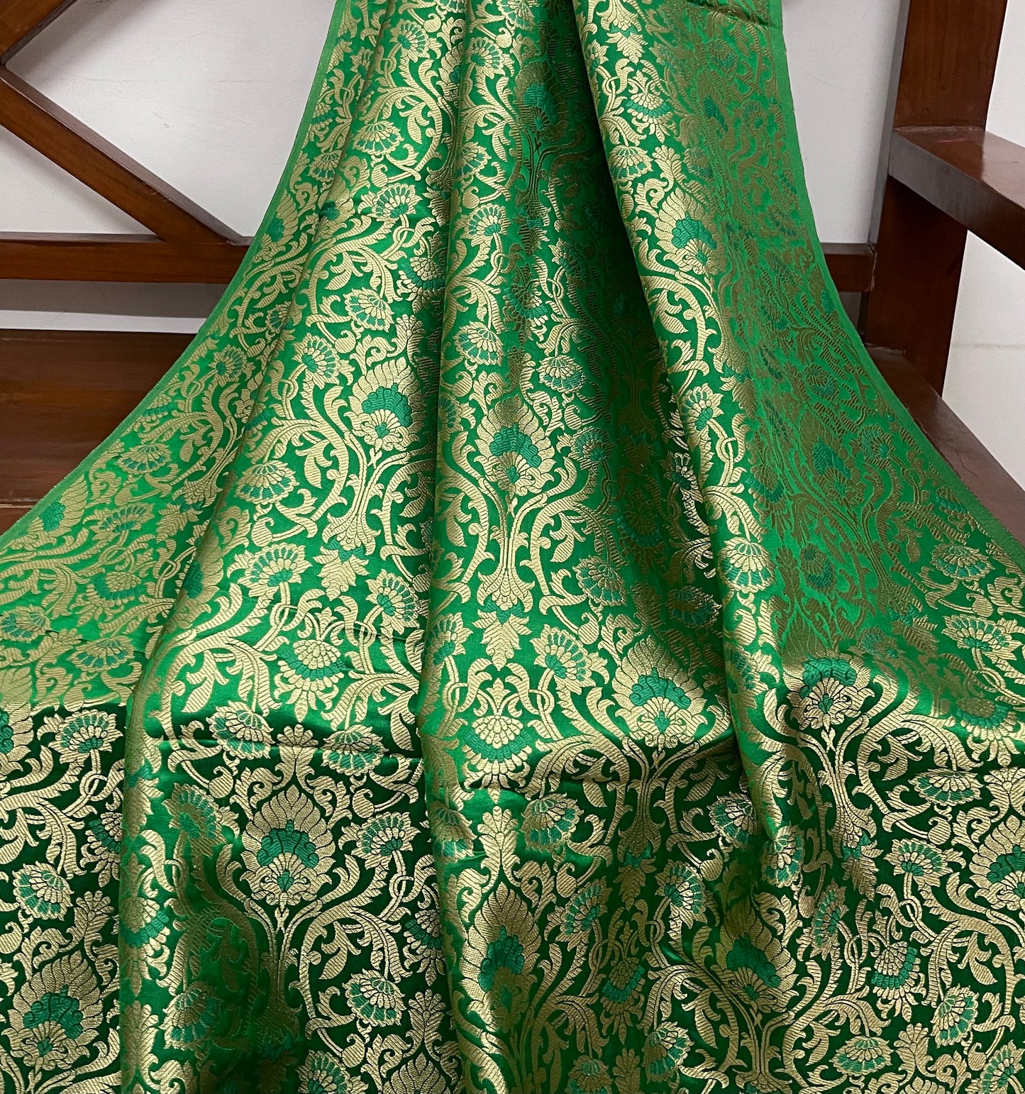 Indian Banarasi Brocade fabric in Green and Gold color,  Multiple lengths will come in a continuous piece - NF321