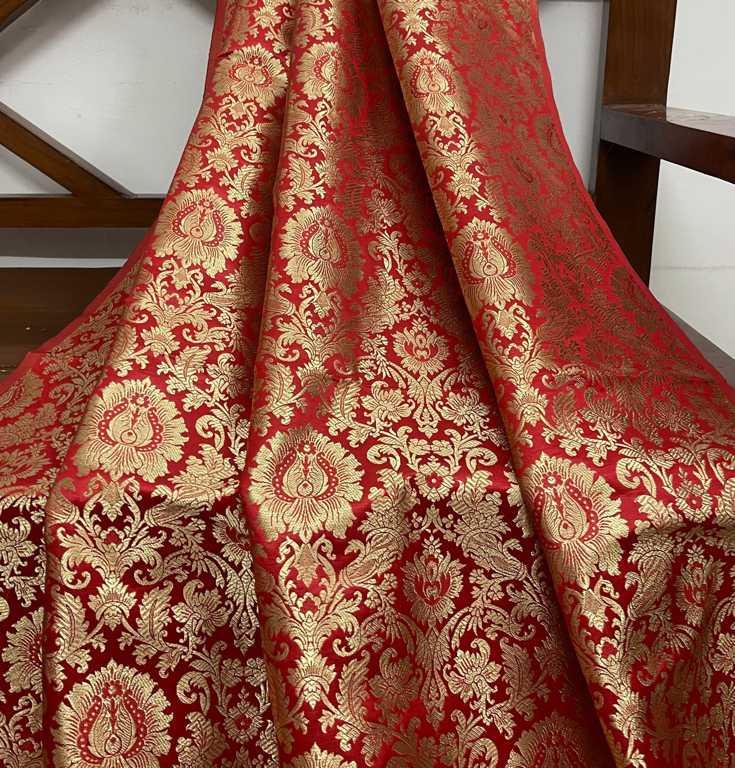 Indian Banarasi Brocade Fabric Red and Gold color, Multiple lengths will come in a continuous piece - NF150