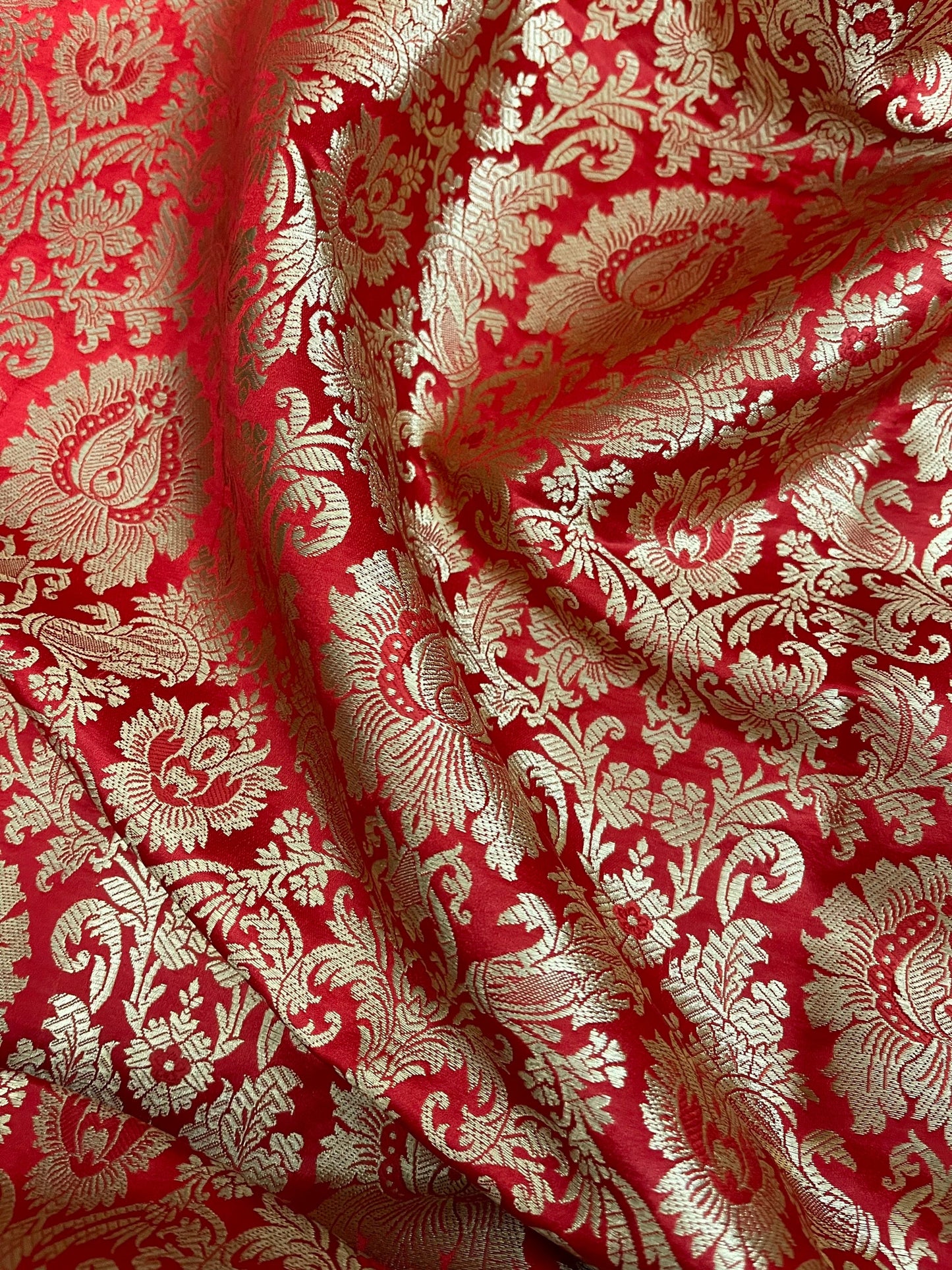 Indian Banarasi Brocade Fabric Red and Gold color, Multiple lengths will come in a continuous piece - NF150