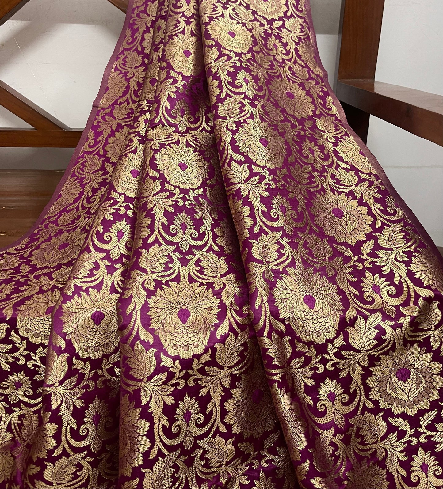 Indian Banarasi Brocade Fabric in Purple and Gold color, Multiple length will come in a continuous piece - NF795