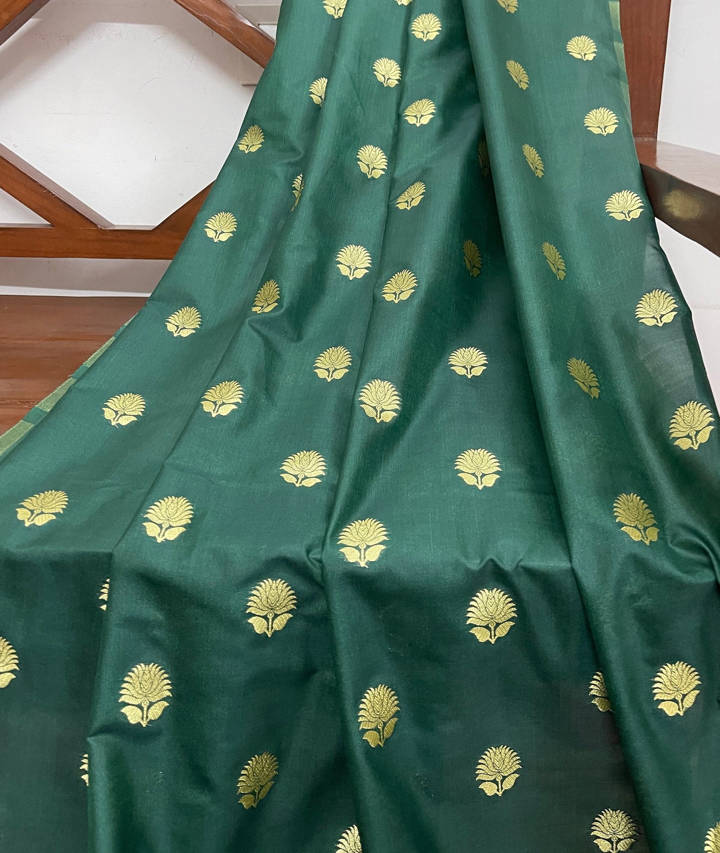 Indian Banarasi Brocade fabric in Green and Gold color, Multiple lengths will come in the continuous piece - NF385