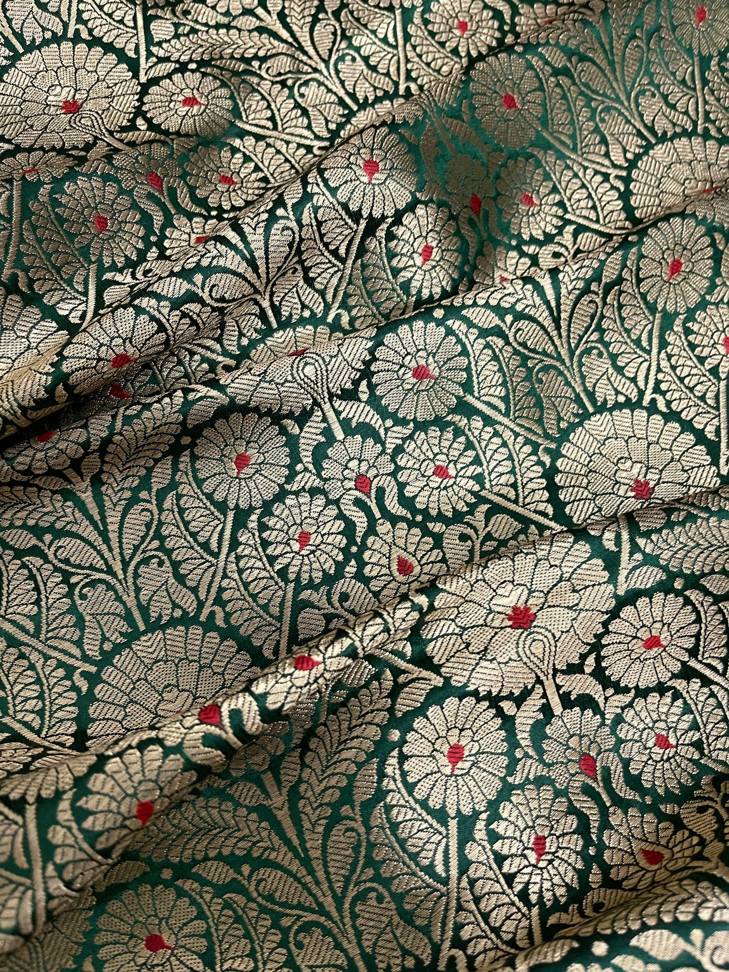 India Banarsi Brocade Fabric in Green and Gold color, Multiple lengths will come in the continuous piece - NF637