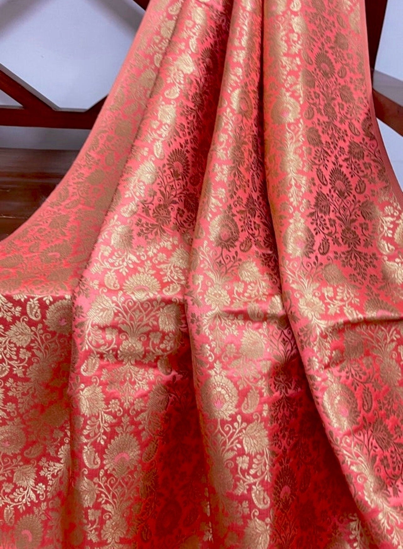 Indian Banarasi Brocade Fabric in Orange Coral and Gold color, Multiple lengths will come in the continuous piece - NF315