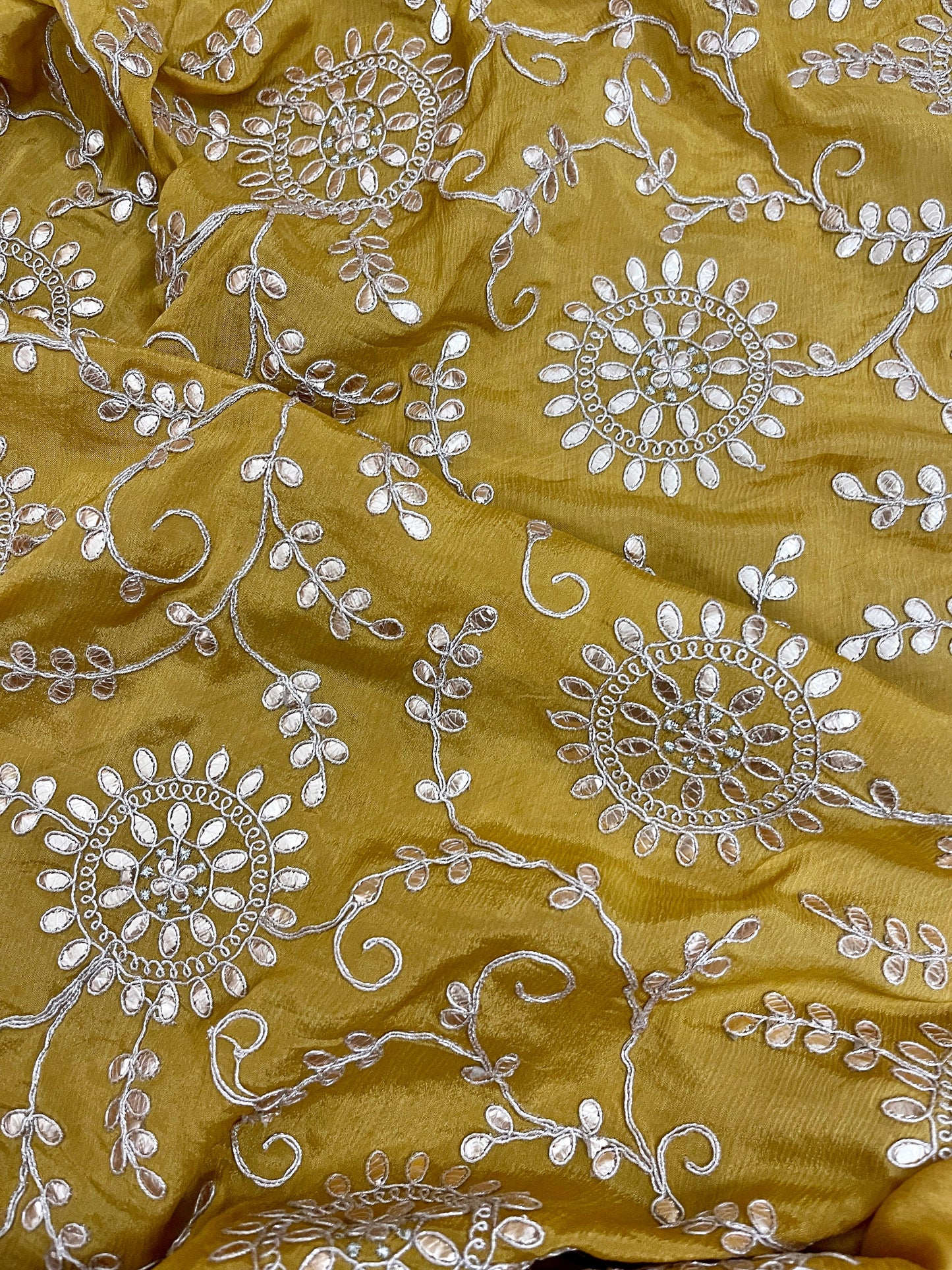 Embroidered Gota Patti Chinon Chiffon Fabric in Mustard and Gold color, Multiple lengths will come in the continuous piece - NF54A