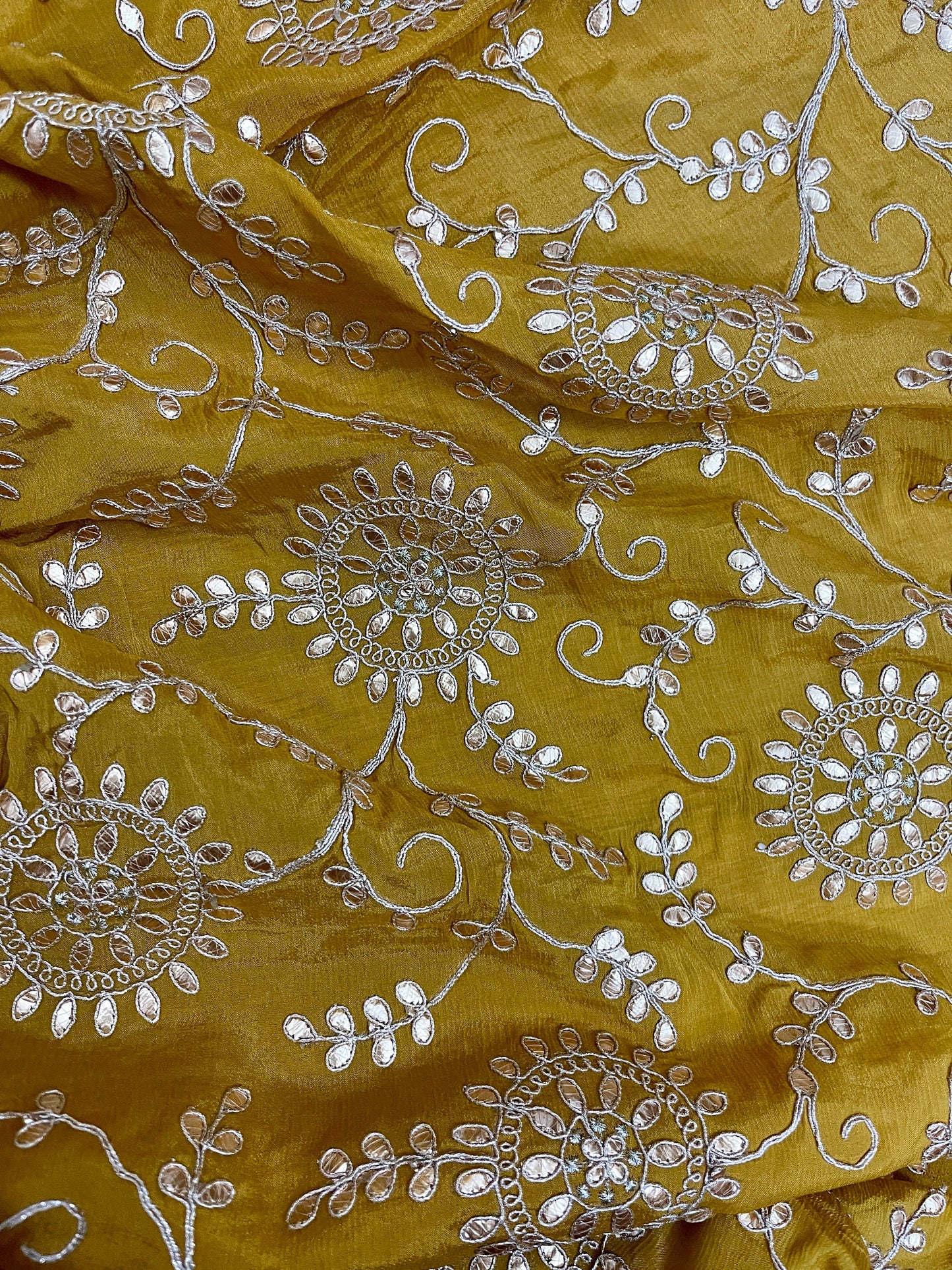 Embroidered Gota Patti Chinon Chiffon Fabric in Mustard and Gold color, Multiple lengths will come in the continuous piece - NF54A