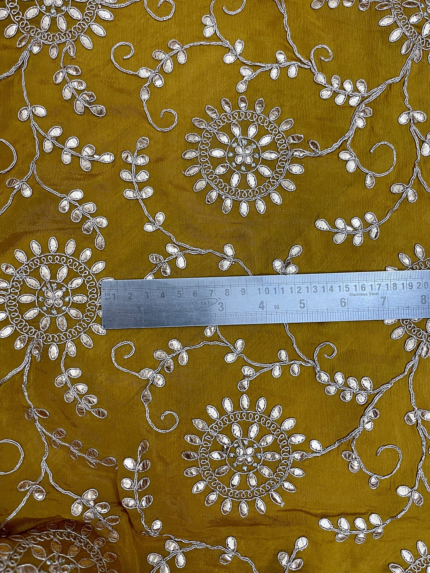 Embroidered Gota Patti Chinon Chiffon Fabric in Mustard and Gold color, Multiple lengths will come in the continuous piece - NF54A