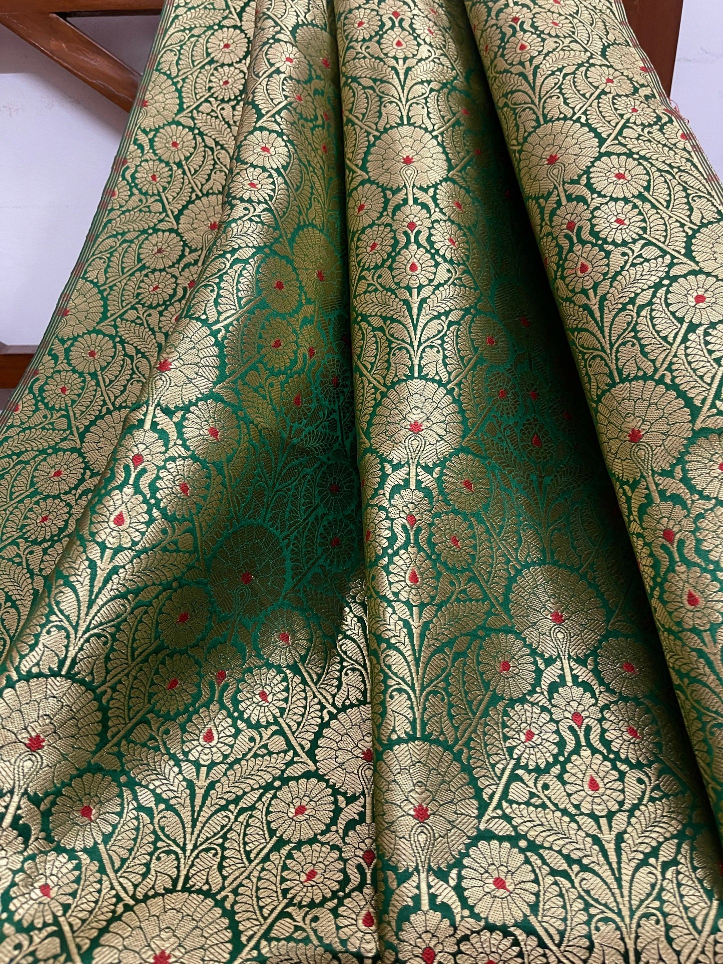 India Banarsi Brocade Fabric in Green and Gold color, Multiple lengths will come in the continuous piece - NF637