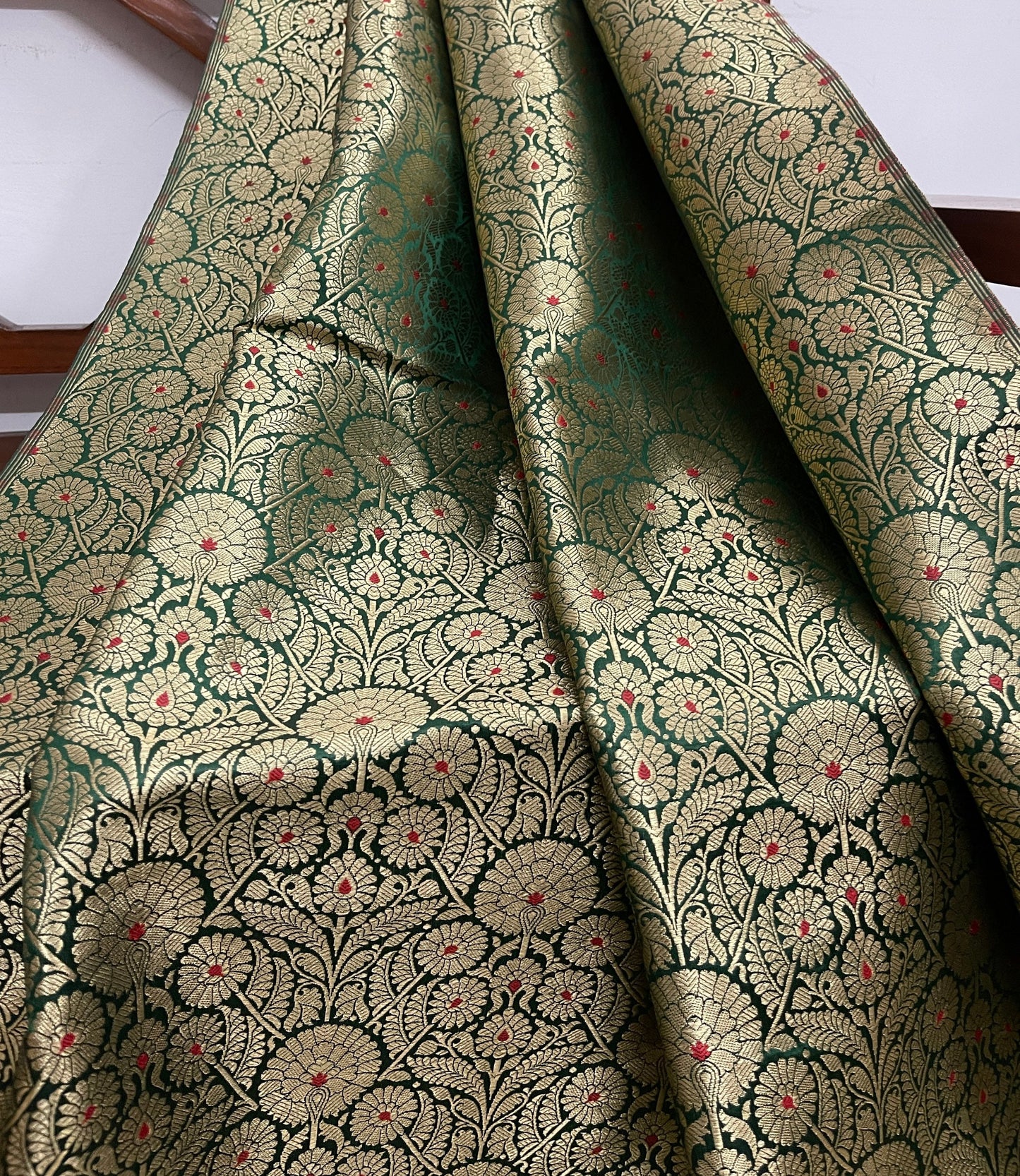 India Banarsi Brocade Fabric in Green and Gold color, Multiple lengths will come in the continuous piece - NF637