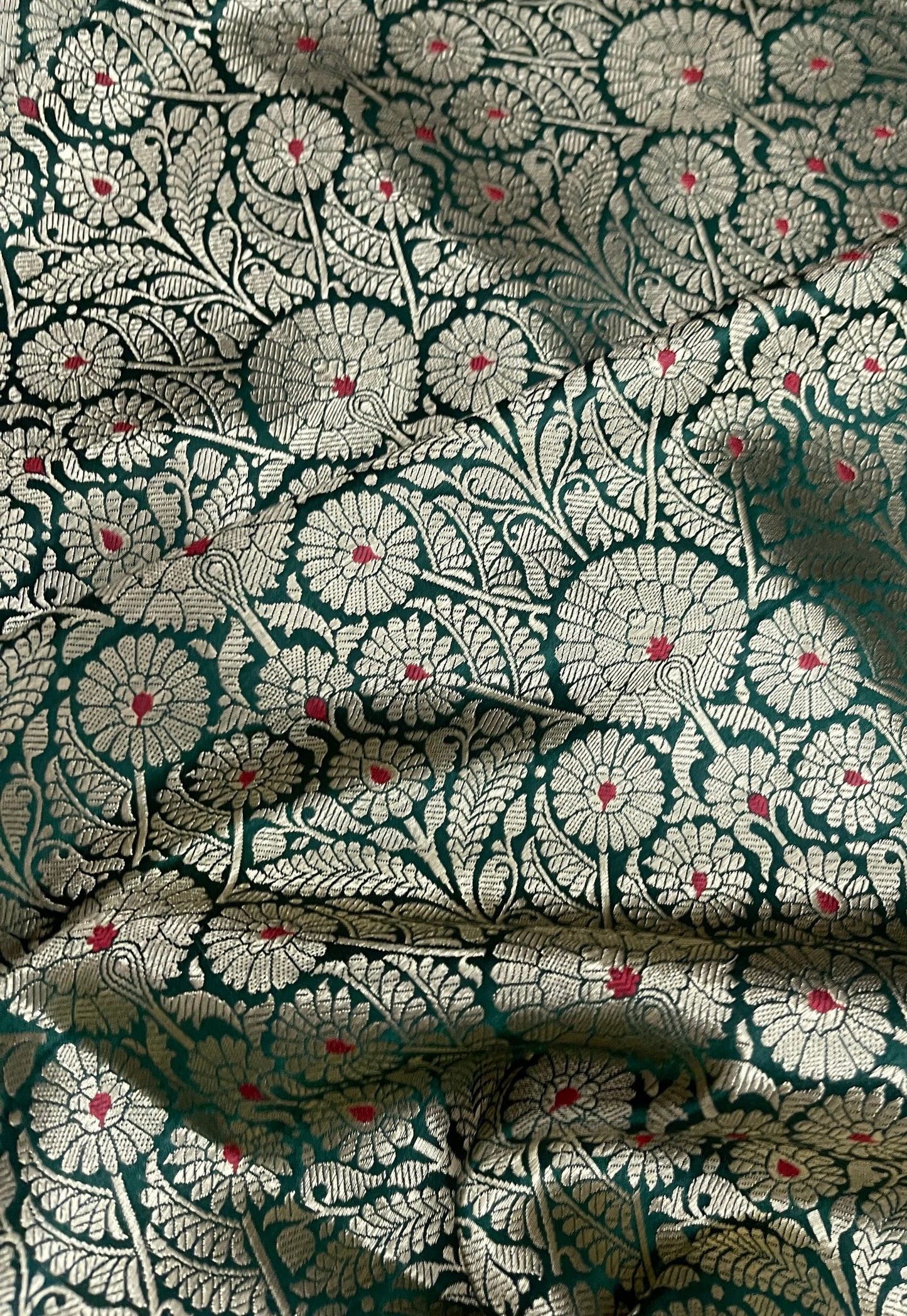 India Banarsi Brocade Fabric in Green and Gold color, Multiple lengths will come in the continuous piece - NF637