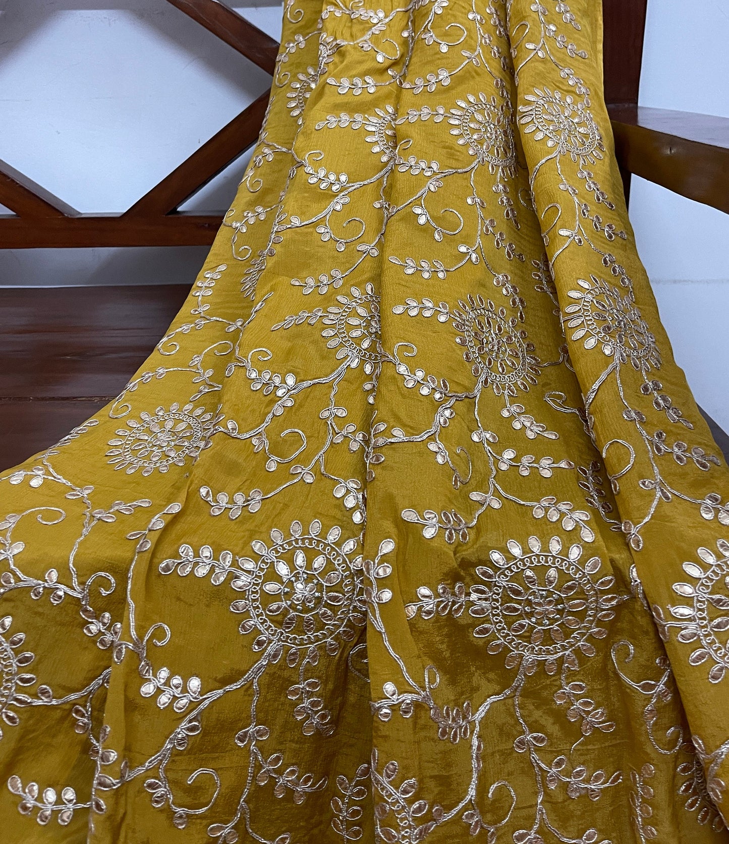 Embroidered Gota Patti Chinon Chiffon Fabric in Mustard and Gold color, Multiple lengths will come in the continuous piece - NF54A