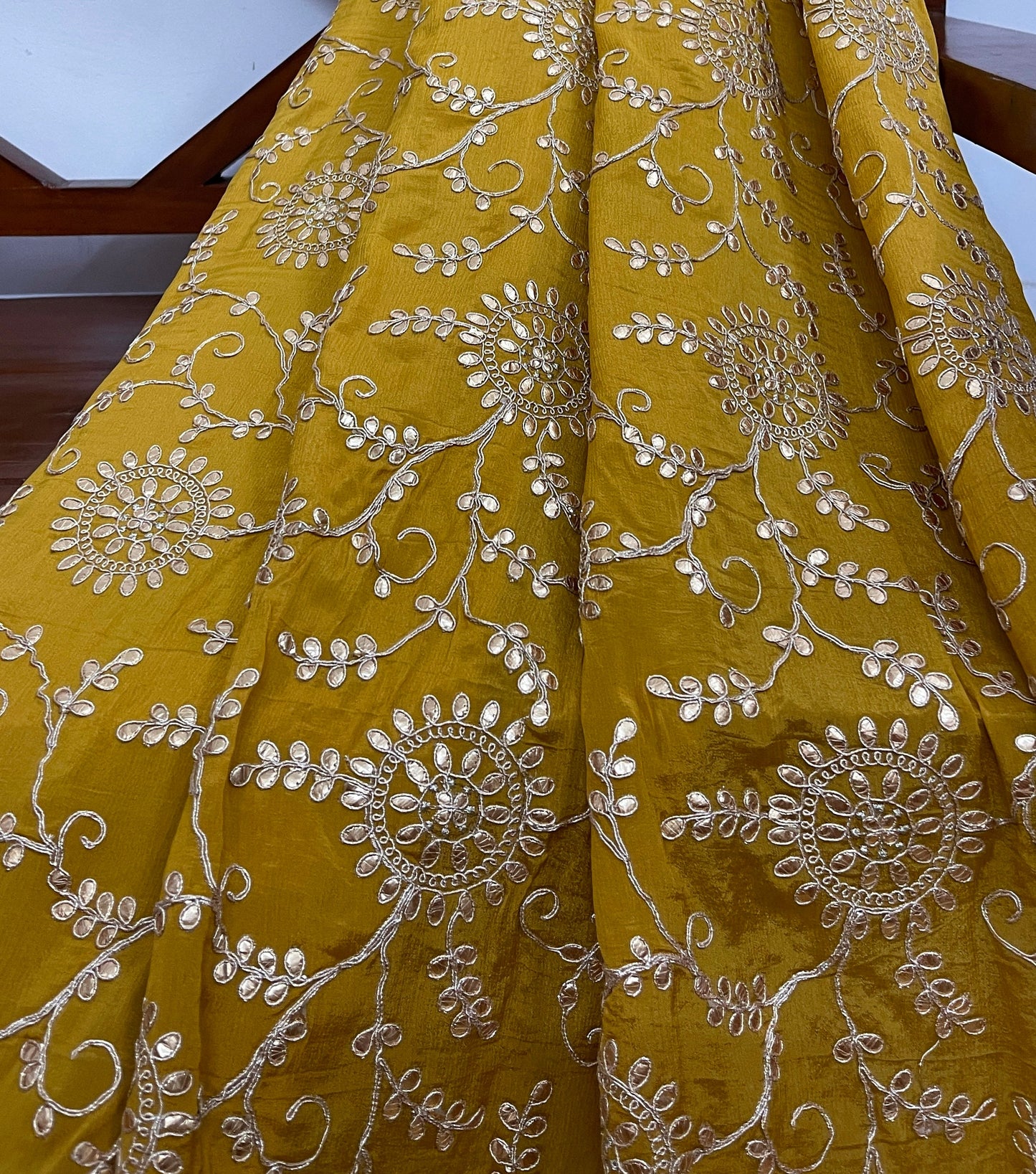 Embroidered Gota Patti Chinon Chiffon Fabric in Mustard and Gold color, Multiple lengths will come in the continuous piece - NF54A