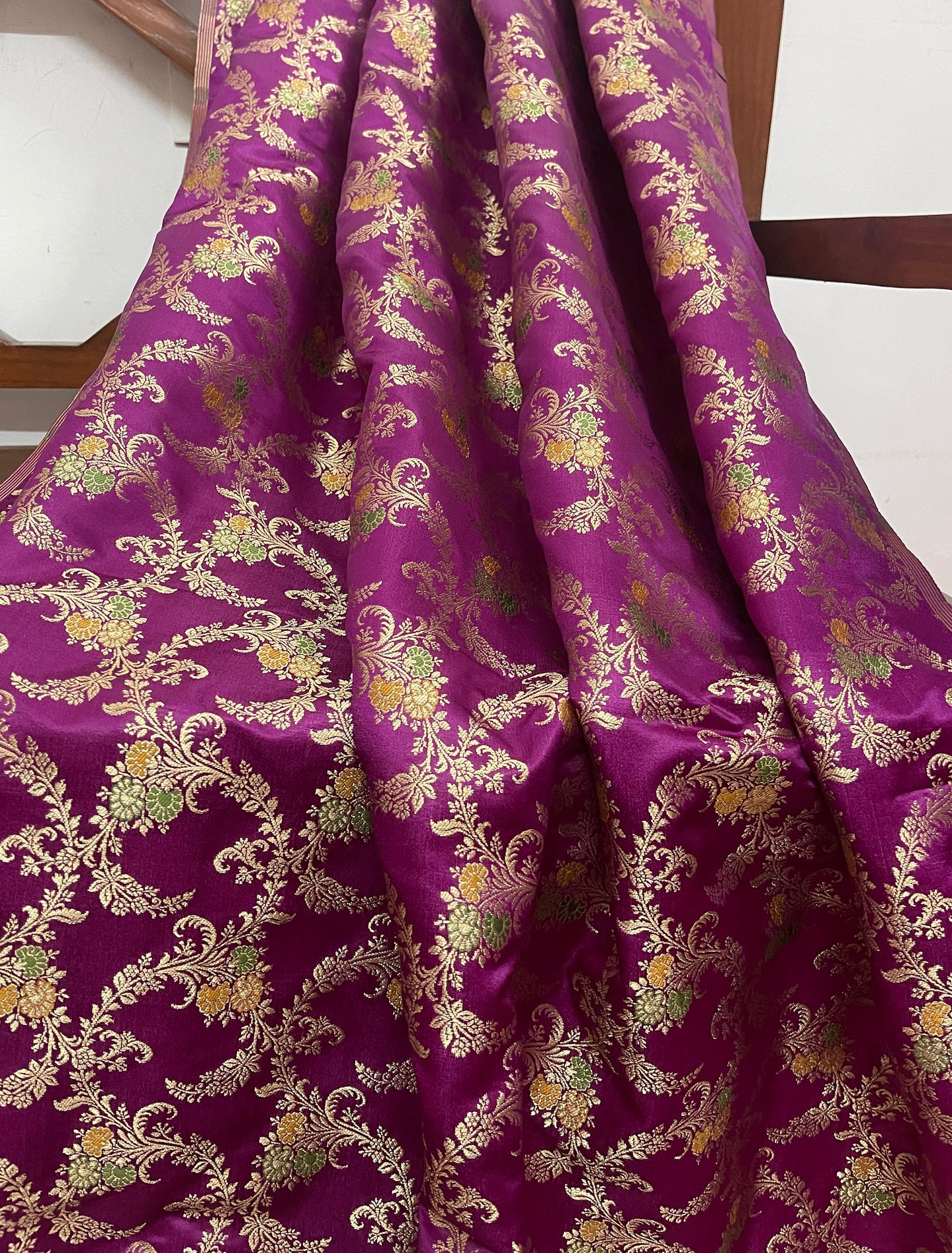 Indian Banarasi Brocade Fabric in Purple Magenta and Gold color, Multiple lengths will come in the continuous piece - NF207