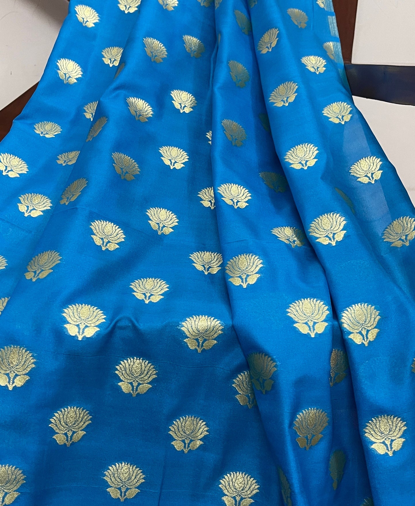 India Banarasi Brocade Fabric in Blue and Gold color, Multiple lengths will come in the continuous piece - NFAF91A