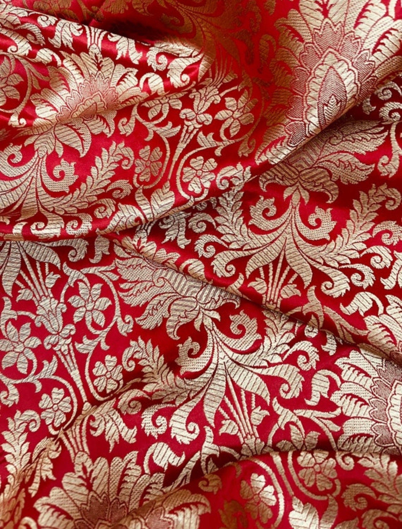 Indian Banarasi Brocade Fabric in Red and Gold color, Multiple lengths will come in the continuous Piece - NF348