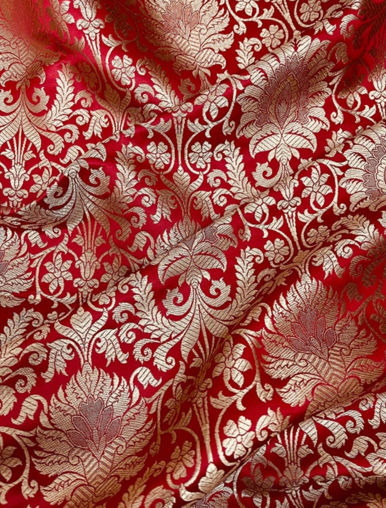 Indian Banarasi Brocade Fabric in Red and Gold color, Multiple lengths will come in the continuous Piece - NF348