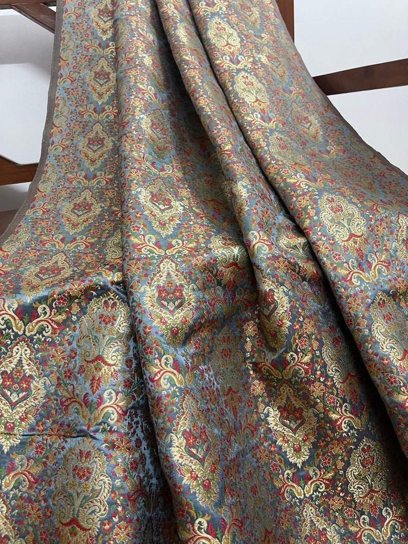 India Banarasi Brocade Fabric in Gray and Gold color, Multiple Length will come in a continuous piece - NF94