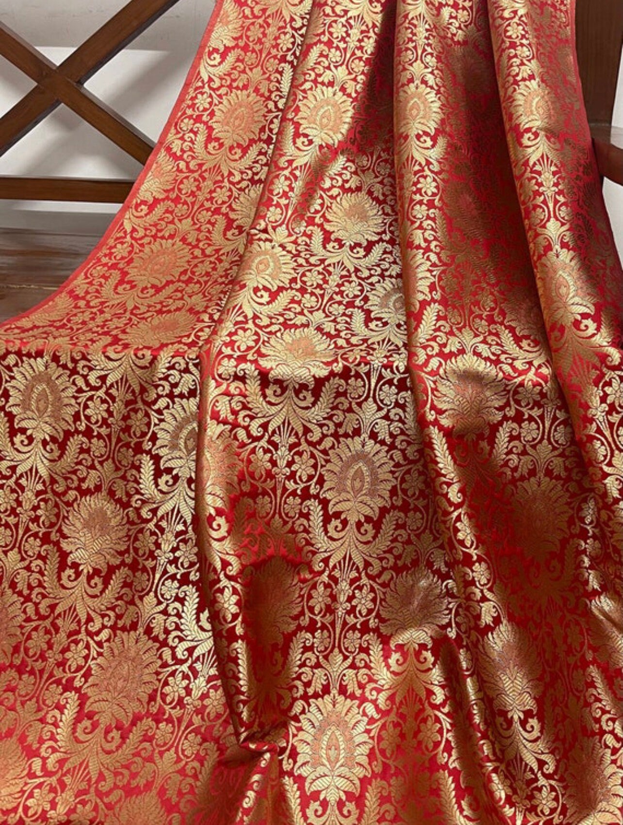 Indian Banarasi Brocade Fabric in Red and Gold color, Multiple lengths will come in the continuous Piece - NF348