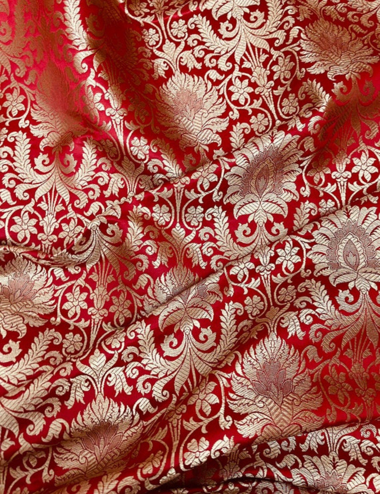 Indian Banarasi Brocade Fabric in Red and Gold color, Multiple lengths will come in the continuous Piece - NF348