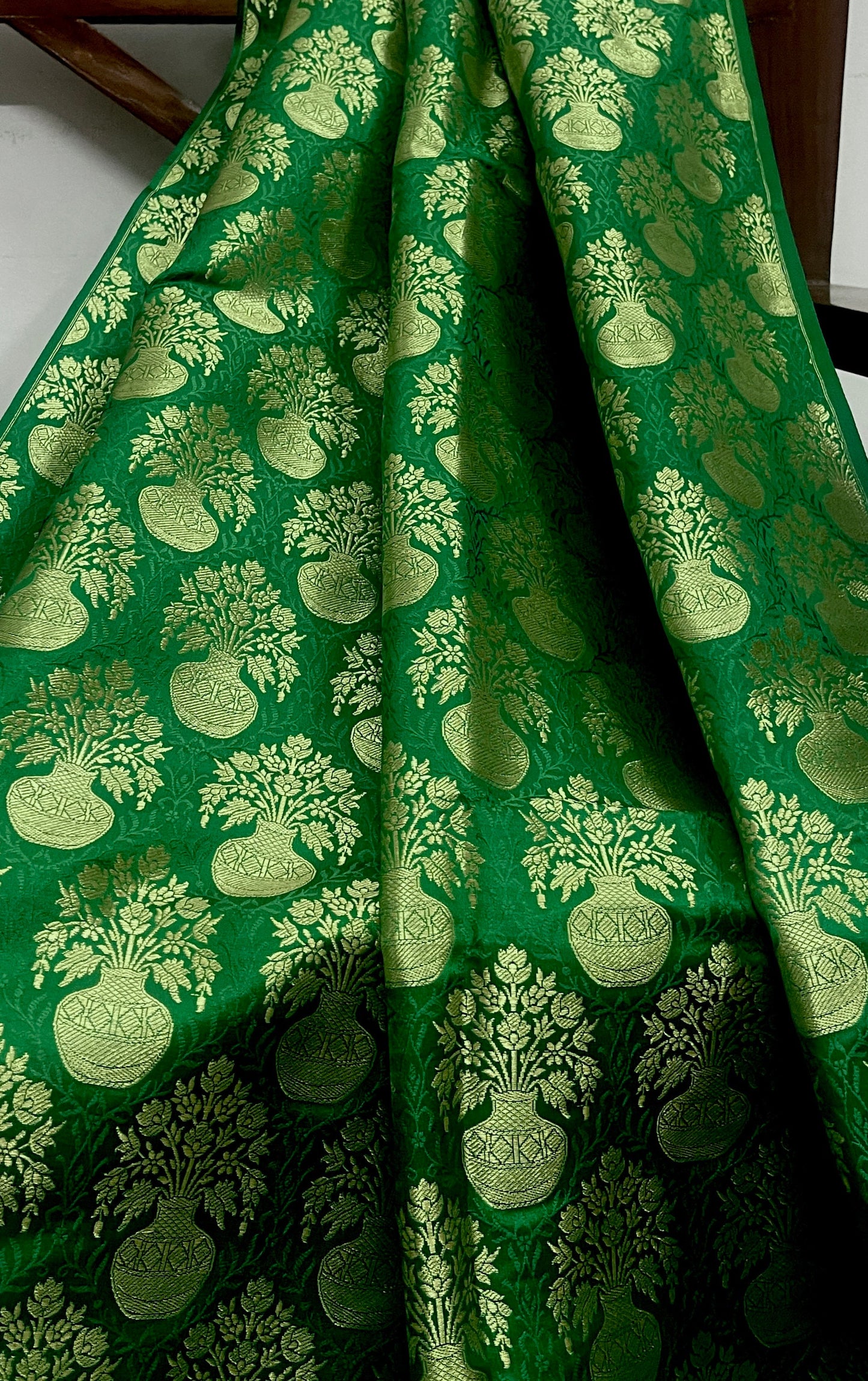 Indian Banarasi Brocade Fabric in Green and Gold color, Multiple lengths will come in the continuous piece - NF541