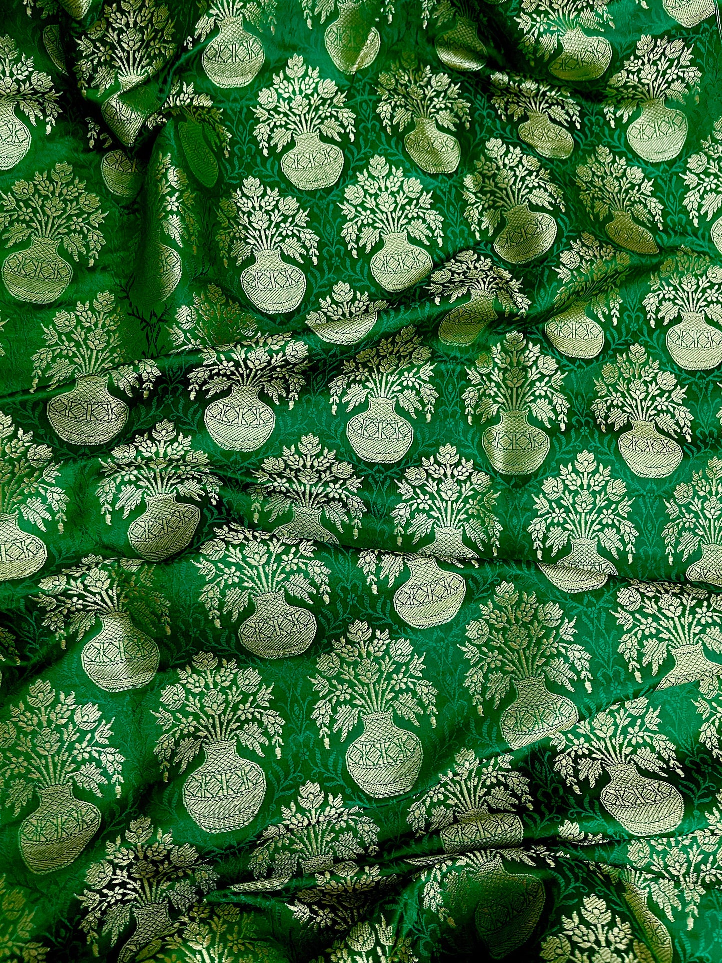 Indian Banarasi Brocade Fabric in Green and Gold color, Multiple lengths will come in the continuous piece - NF541