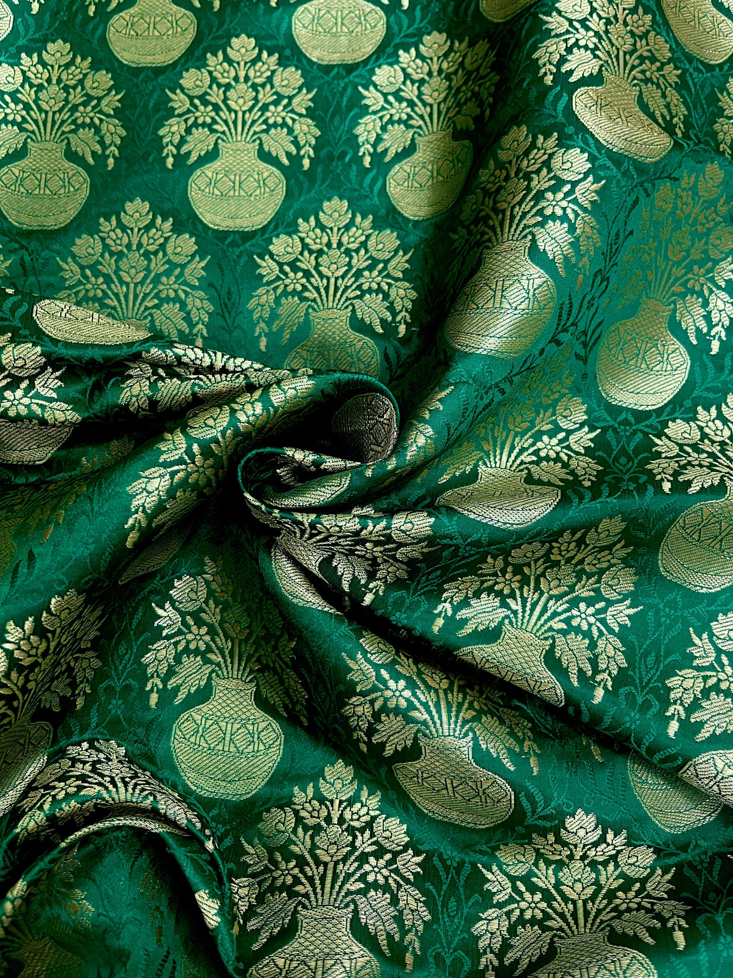 Indian Banarasi Brocade Fabric in Green and Gold color, Multiple lengths will come in the continuous piece - NF541