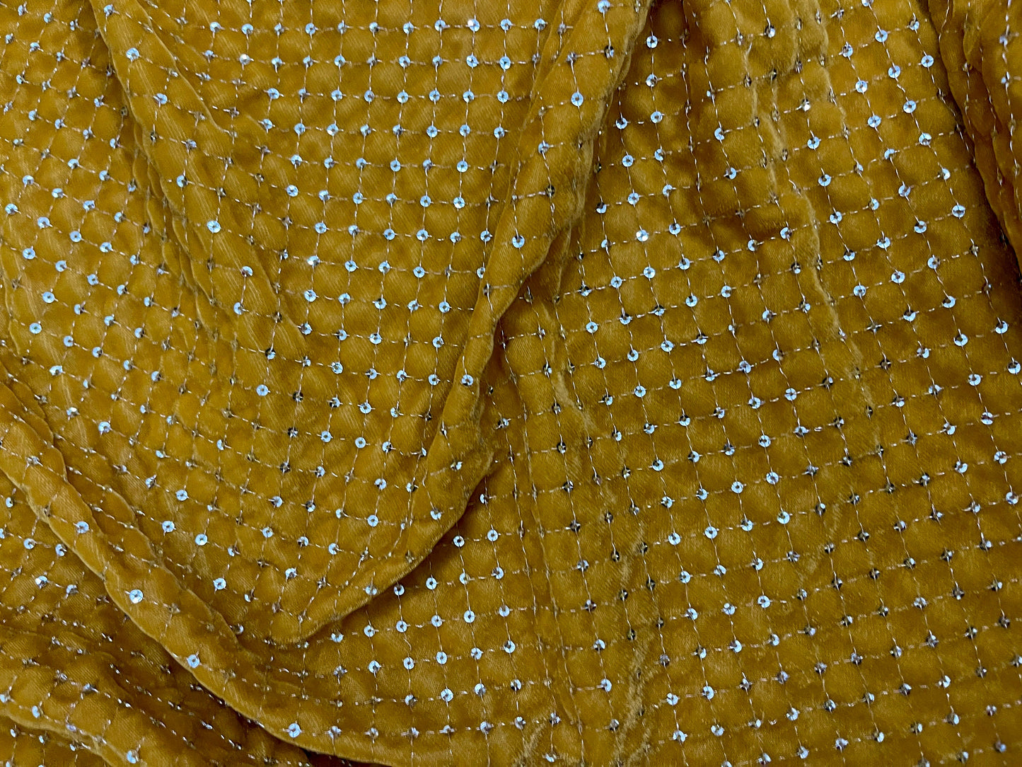 Embroidered velvet Stretch Fabric in Mustard and Gold , Multiple lengths will come in the continuous piece - VLTF21