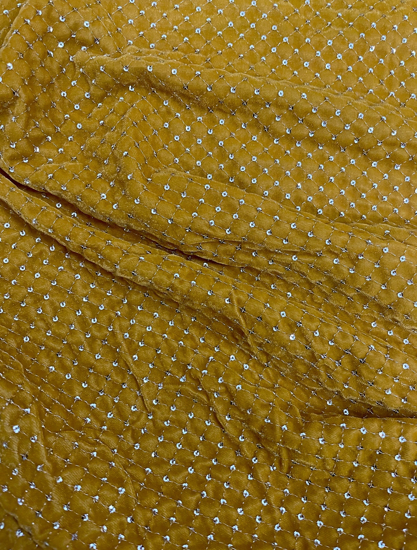 Embroidered velvet Stretch Fabric in Mustard and Gold , Multiple lengths will come in the continuous piece - VLTF21