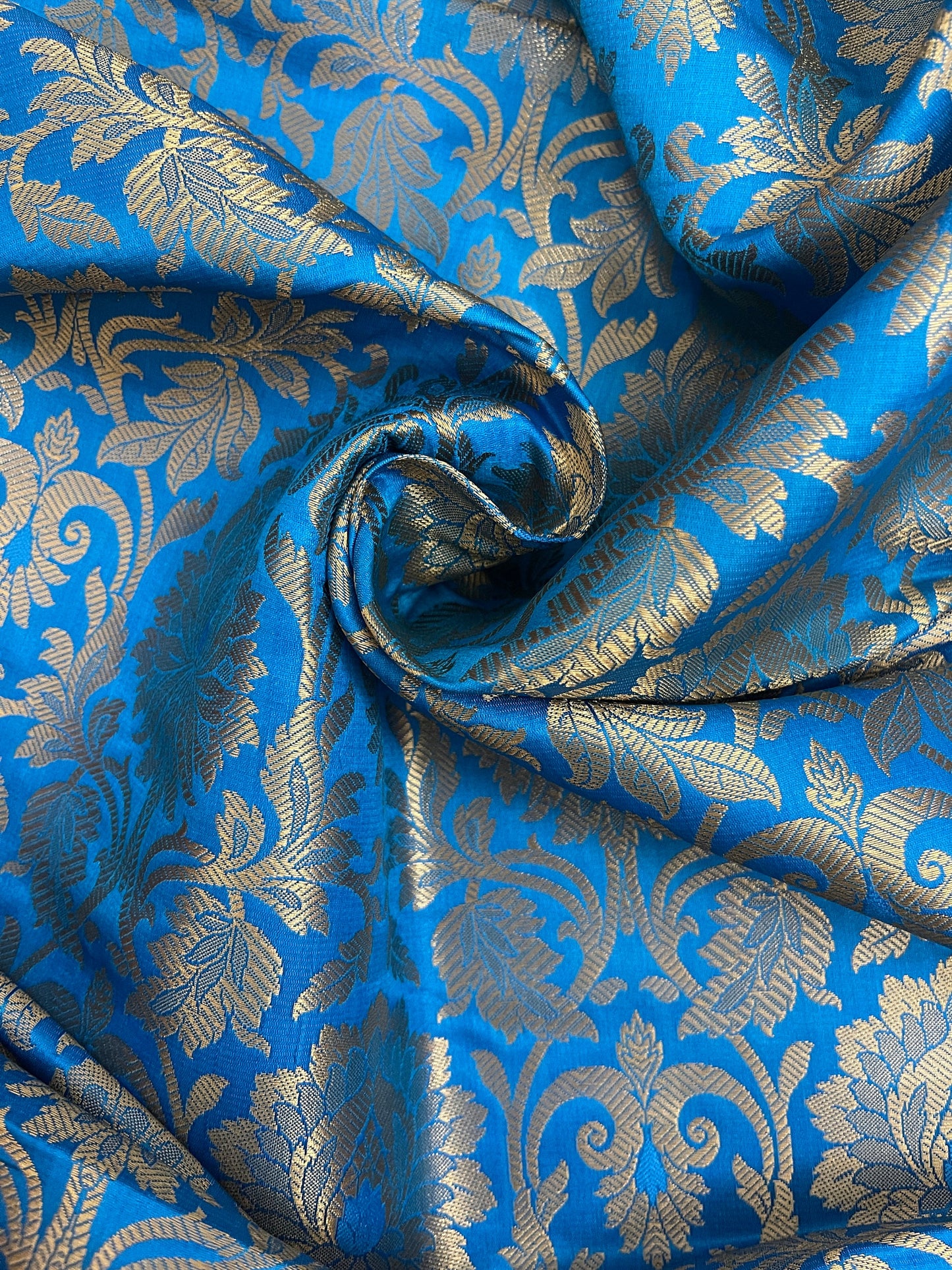 India Banarasi Brocade Fabric in Blue and Gold color, Multiple lengths will come in the continuous piece - NF508