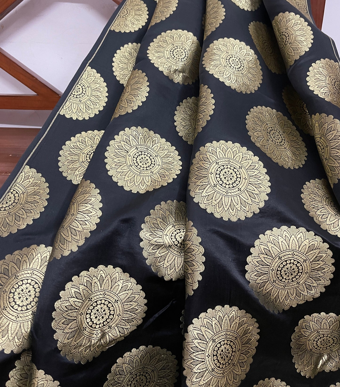 Indian Banarasi  Brocade fabric in Black and Gold color, Multiple lengths will come in the continuous piece - NF38