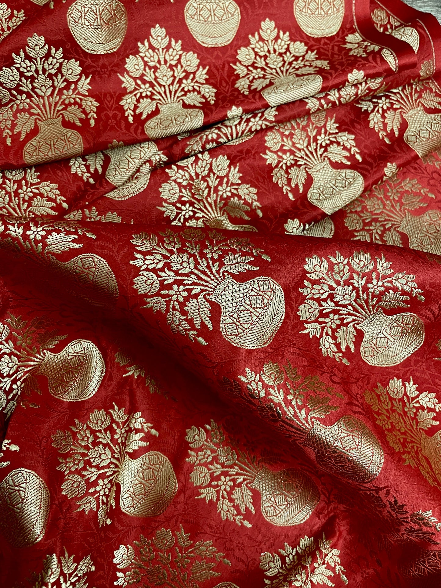 Indian Banarasi Brocade fabric in Red and Gold color, Multiple lengths will come in the continuous piece - NF336