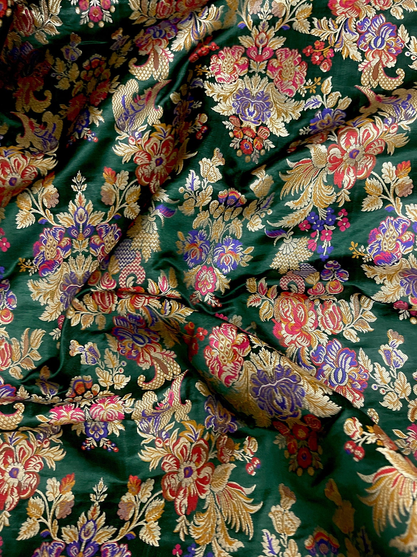 Indian Banarasi Brocade Fabric in Green and Gold color, Multiple lengths will come in the continuous piece - NF436