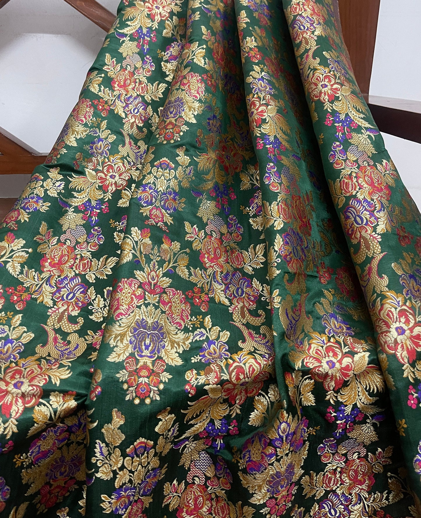 Indian Banarasi Brocade Fabric in Green and Gold color, Multiple lengths will come in the continuous piece - NF436