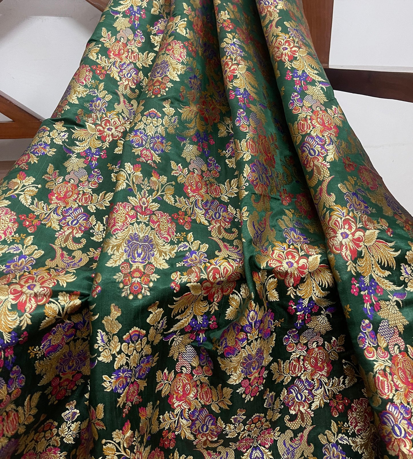 Indian Banarasi Brocade Fabric in Green and Gold color, Multiple lengths will come in the continuous piece - NF436