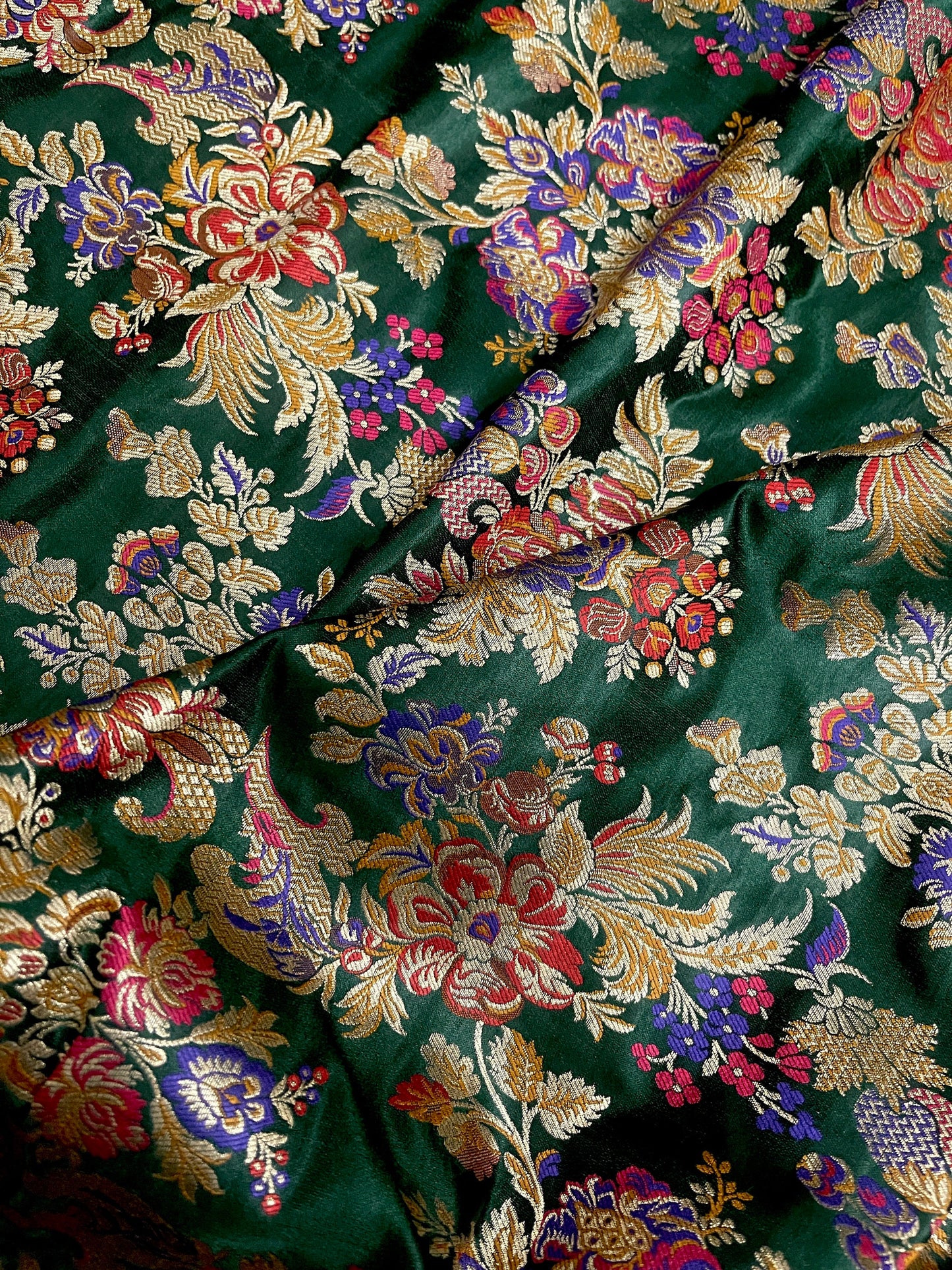 Indian Banarasi Brocade Fabric in Green and Gold color, Multiple lengths will come in the continuous piece - NF436