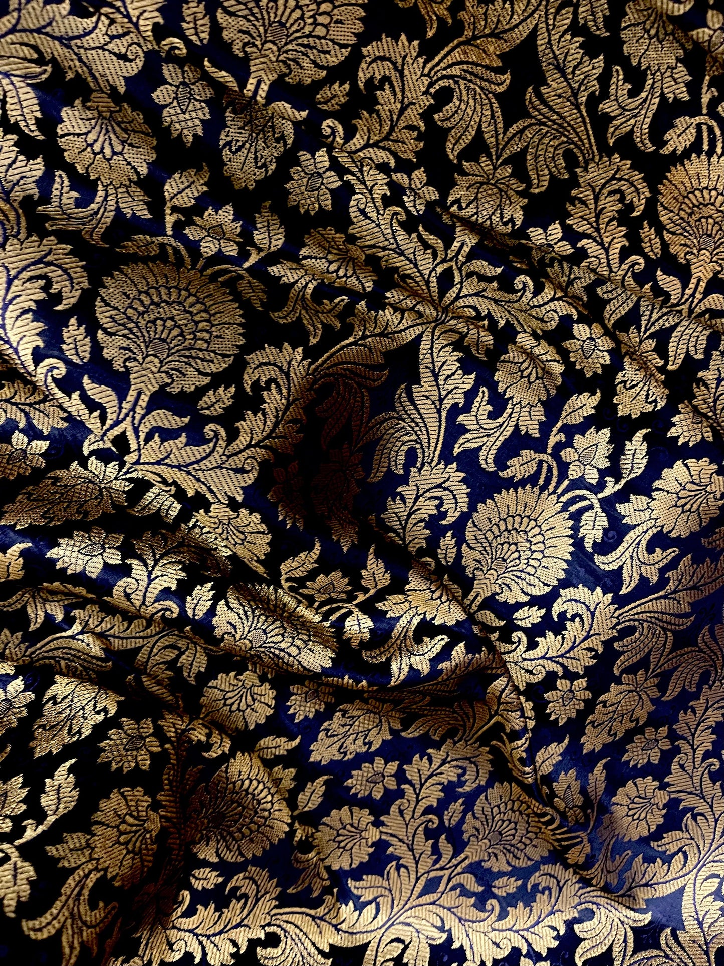 Indian Banarasi Brocade Fabric in Navy Blue and Gold color, Multiple Length will come in a continuous piece - NF443