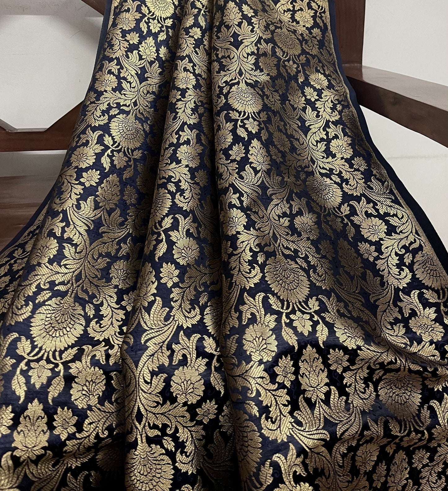 India Banarasi Brocade Fabric in Navy Blue and Gold color, Multiple lengths will come in the continuous piece - NF534