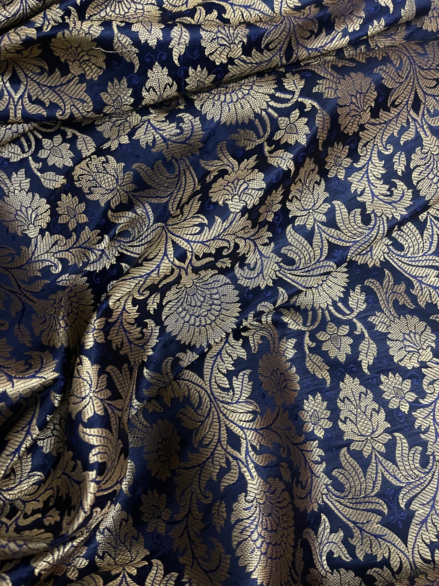 India Banarasi Brocade Fabric in Navy Blue and Gold color, Multiple lengths will come in the continuous piece - NF534