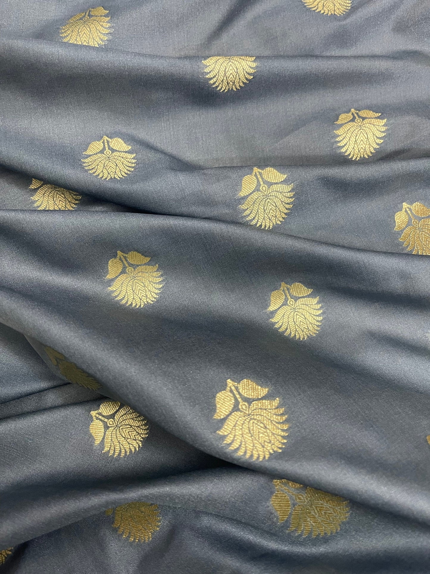 Indian Banarasi Brocade fabric in Gray & Gold color,  Multiple lengths will come in the continuous piece  - NF439