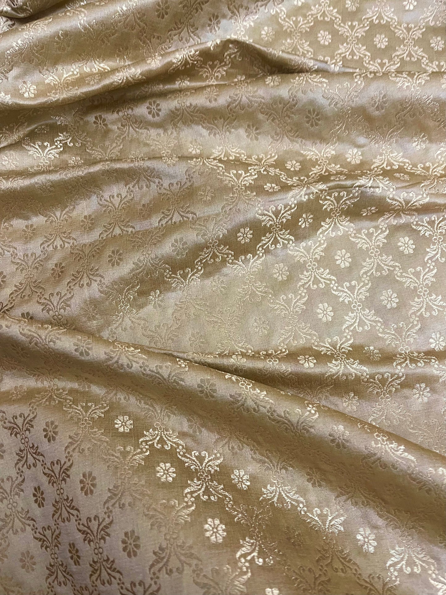 Indian Brocade fabric in Beige and Gold Color, Multiple lengths will come in the continuous piece - NF451