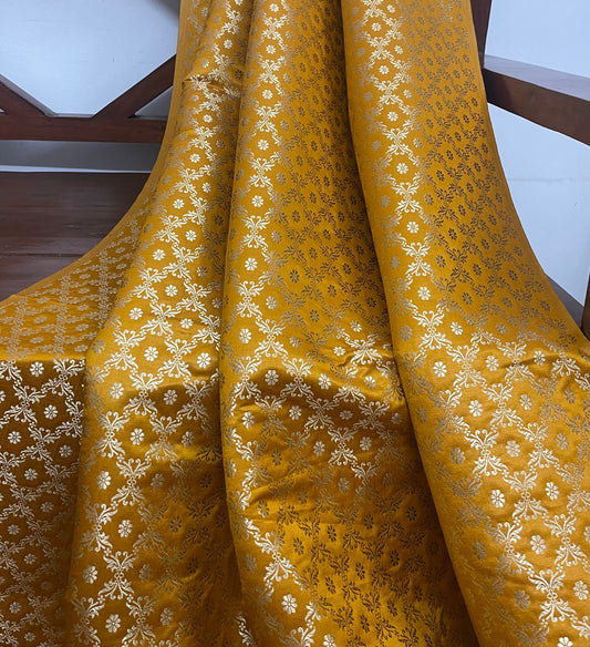 Indian brocade Fabric Mustard and gold fabric, Wedding Dress, Dress Fabric By The Yard /Meter, Cut in a continuous length NFAF452