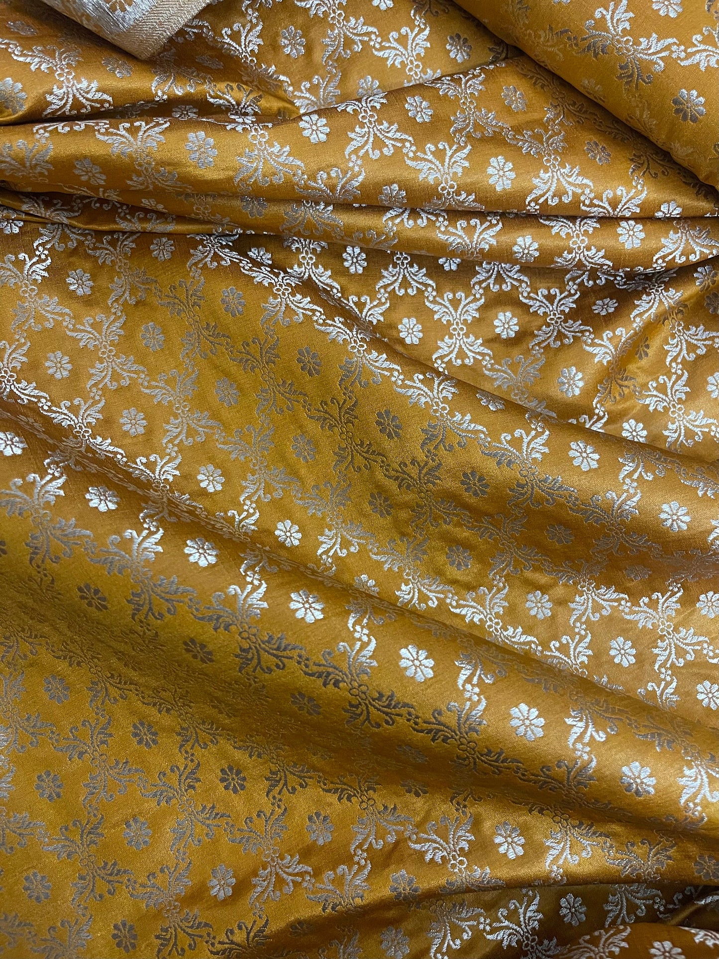 Indian brocade Fabric Mustard and gold fabric, Wedding Dress, Dress Fabric By The Yard /Meter, Cut in a continuous length NFAF452