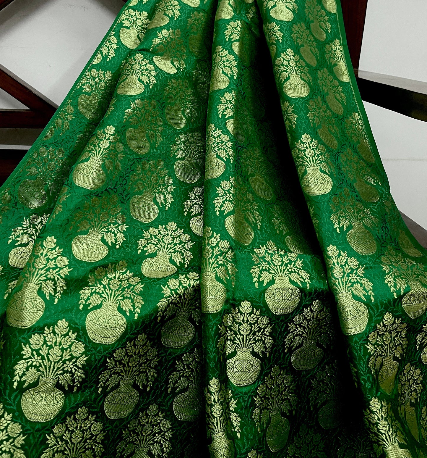 Indian Banarasi Brocade Fabric in Green and Gold color, Multiple lengths will come in the continuous piece - NF541