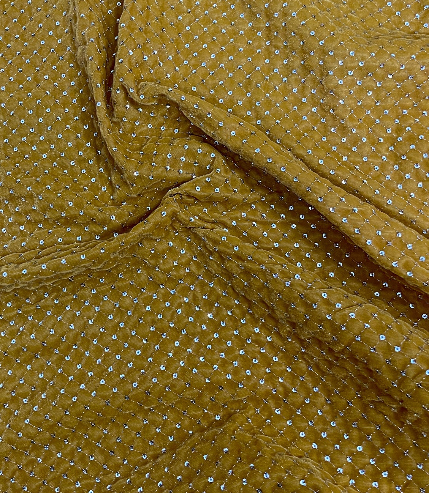 Embroidered velvet Stretch Fabric in Mustard and Gold , Multiple lengths will come in the continuous piece - VLTF21